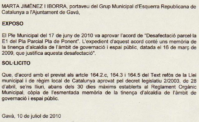 Peticin formulada por ERC de Gav al Ayuntamiento de Gav para recibir una copia de la memoria justificativa del CAP del Pla de Ponent (10 Julio 2010)